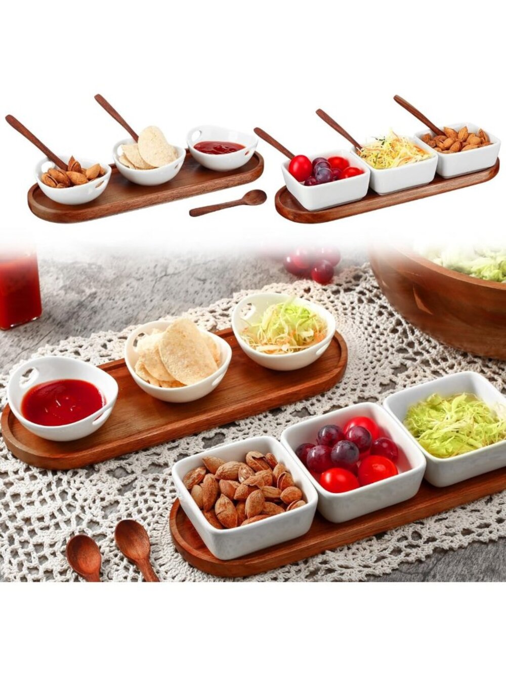 Ceramic Chip & Dip Set with Acacia Wood Tray, 3 Dipping Bowls & Sauce Cups for